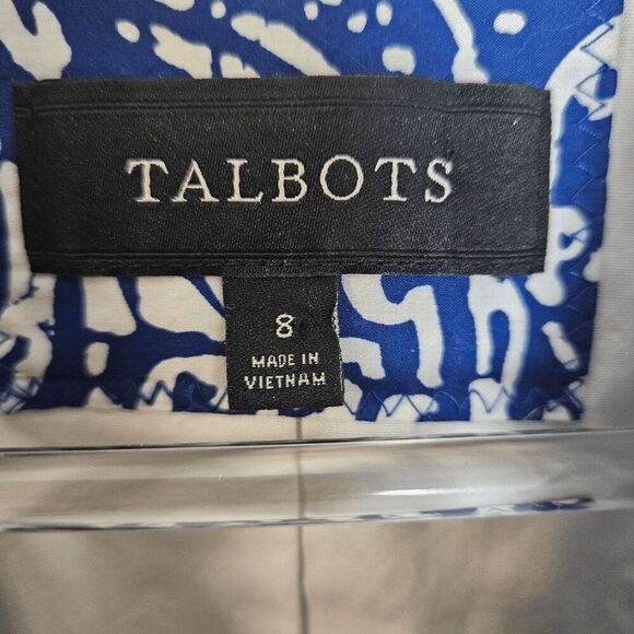 TALBOTS  Size 8 White Blue Paisley Batik Print Lightweight Summer Blazer Jacket - Picture 2 of 4